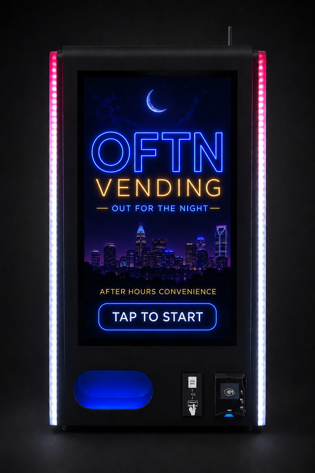 OFTN touchscreen vending machine with illuminated cabinet
